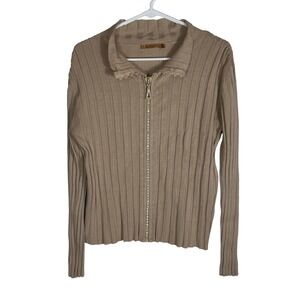 Belldini Womens Tan Ribbed Knit Rhinestone Zip Up Cardigan Sweater Size M Beige